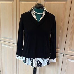 Chico's Black V-Neck Sweater with White Accents